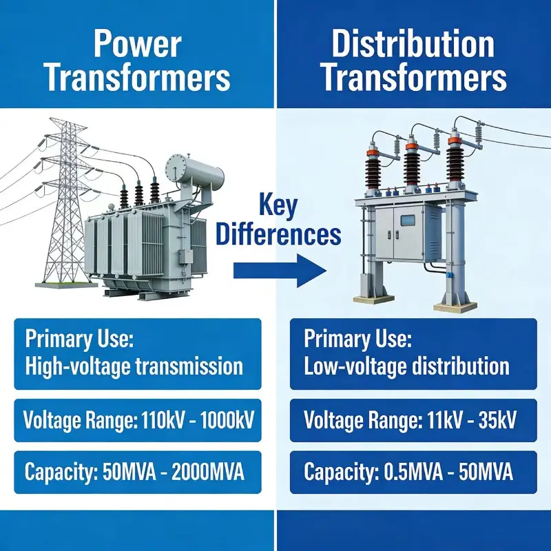 Qual é a diferença entre um transformador de potência e um transformador de distribuição?
